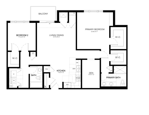 Floor plan for 2 beds, 2 baths, 1366 sqft